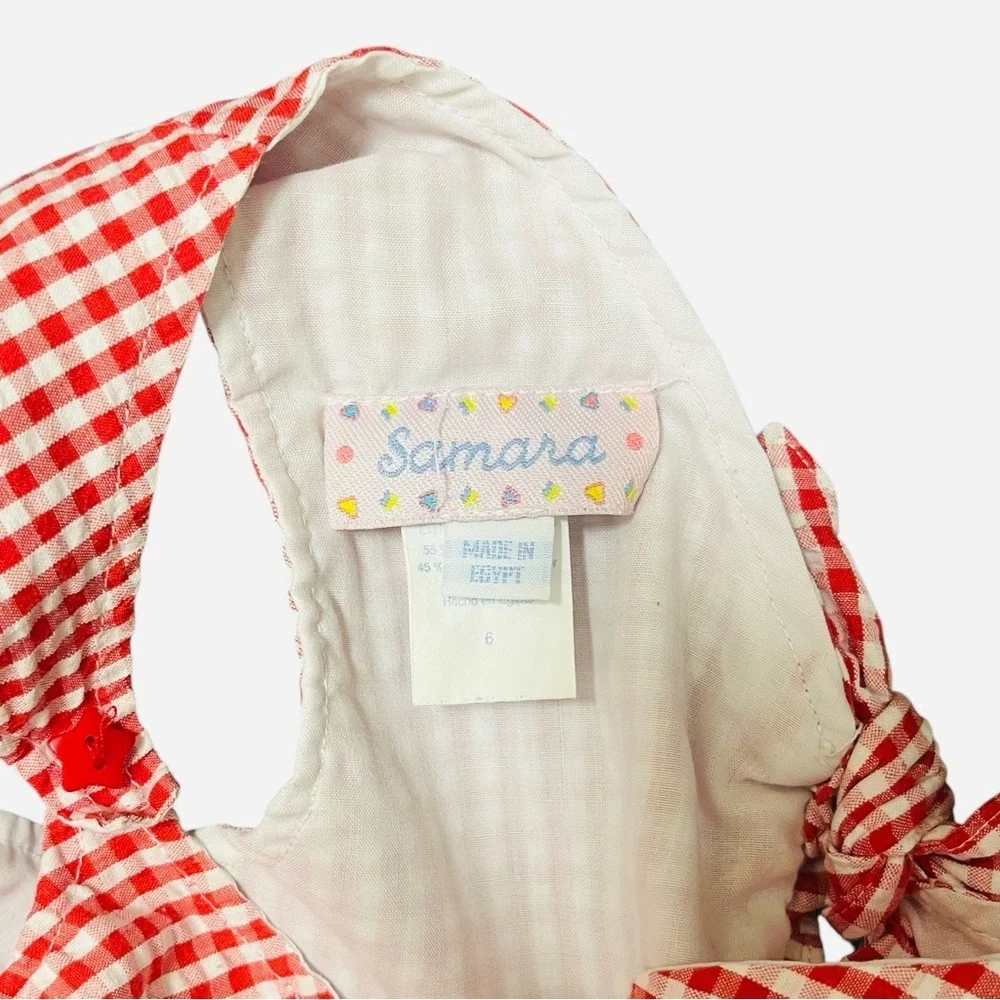 Girls 6 Samara gingham white red apron ruffled hem button detail graphic design
